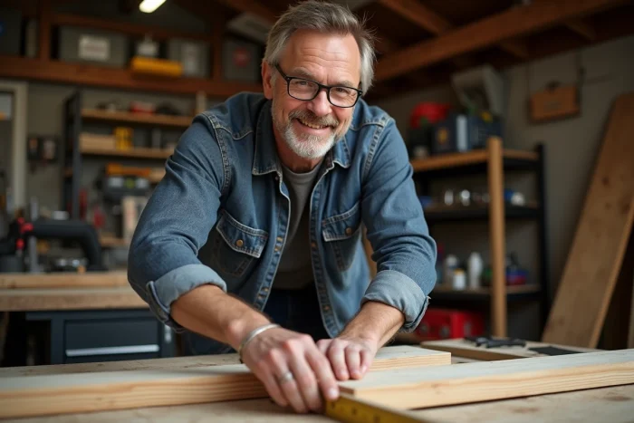 Homme d'âge moyen mesurant une planche en bois dans un atelier