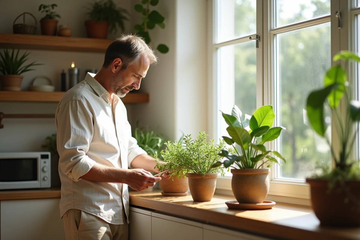 Homme prenant soin de plantes vertes sur une fenêtre en cuisine