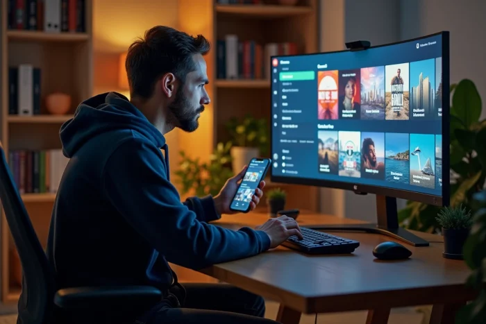 Homme consultant une plateforme de streaming vidéo sur un écran d'ordinateur dans un bureau à domicile