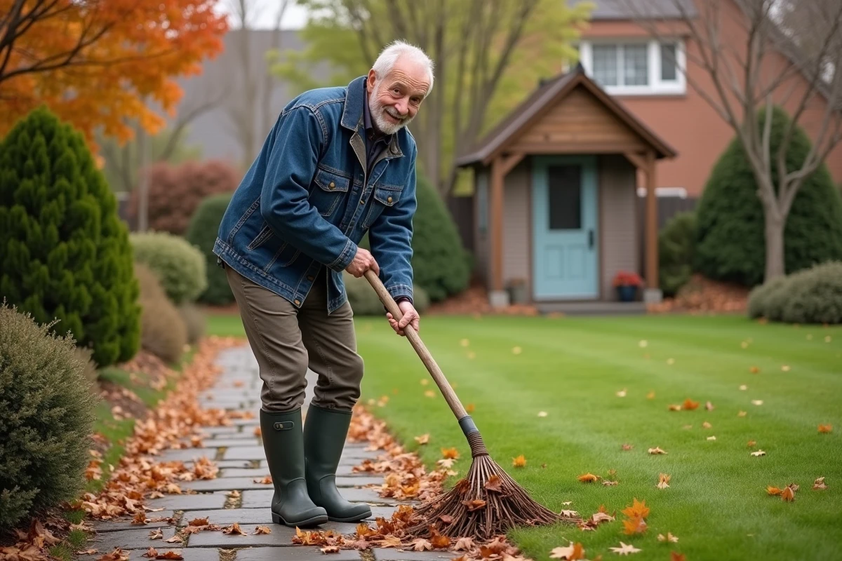 Homme âgé ratisse feuilles d