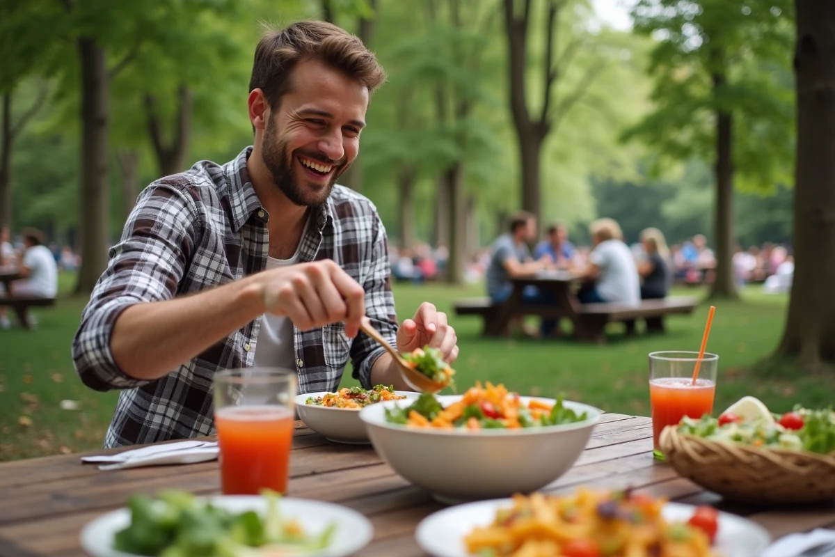 Homme riant servant salade lors d’un pique-nique en plein air