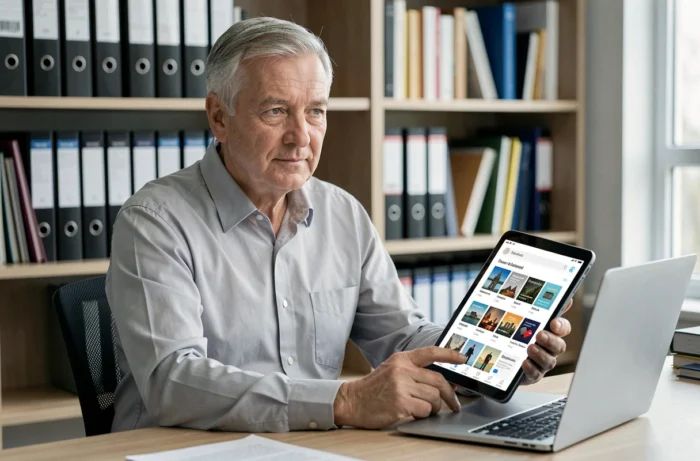 Homme senior consultant une application de tutelle sur tablette dans un bureau à domicile