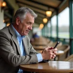 Homme concentré sur son smartphone avec course de chevaux en arrière-plan