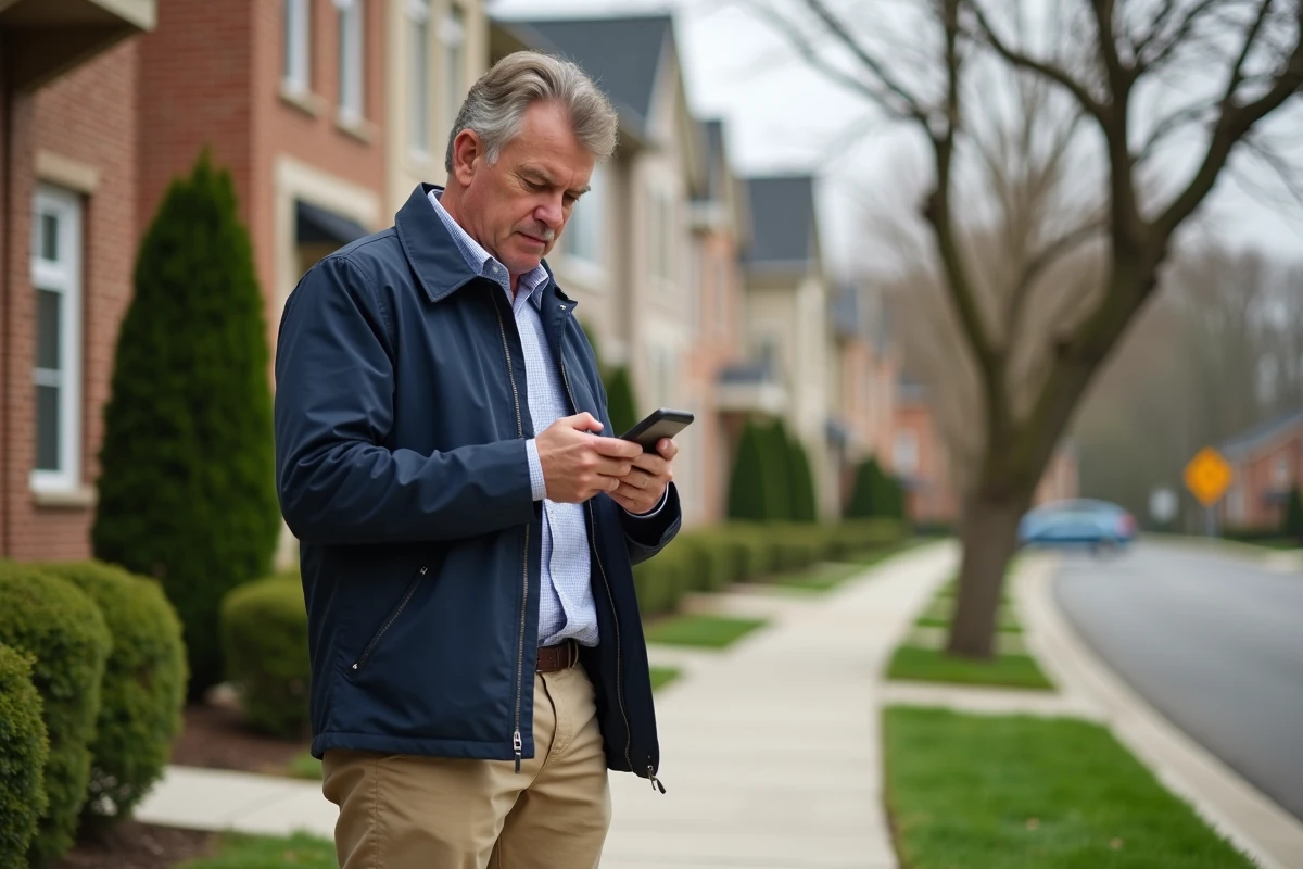 Homme vérifiant des annonces immobilières devant des maisons
