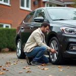 Homme vérifiant l'alignement des roues d'une voiture