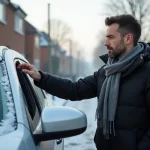Homme regardant le miroir de sa voiture givree au matin froid