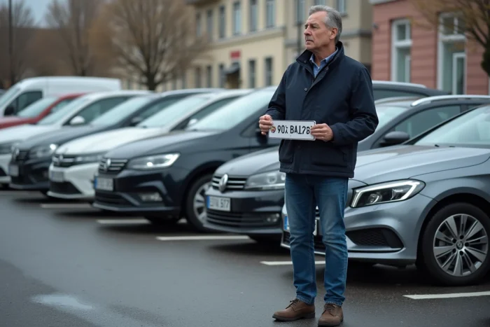 Homme regardant des plaques d'immatriculation européennes