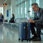Homme d'âge moyen vérifiant la serrure TSA d'une valise à l'aéroport