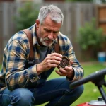 Homme inspectant un filtre à air de tondeuse dans le jardin