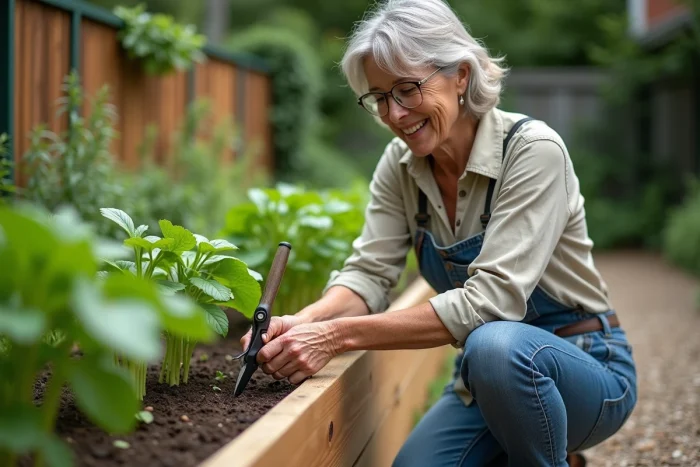 Femme d'âge moyen en jardinage soigne ses plantes