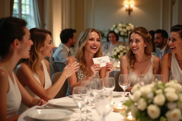 Invités d'une table de mariage découvrant leurs points communs en tenant des cartes écrites à la main, engagés dans une conversation animée et joyeuse
