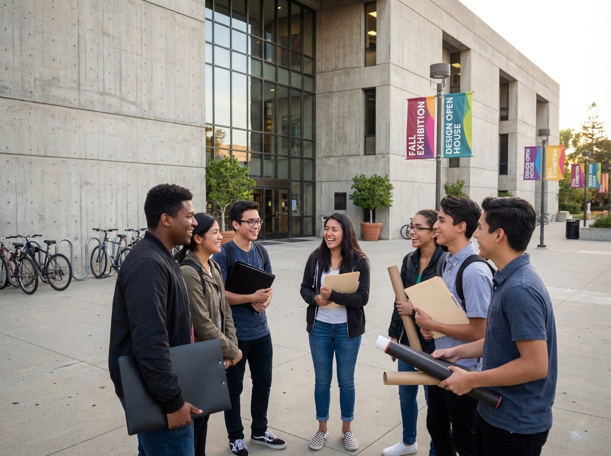 Groupe de lycéens diplômés devant une école moderne