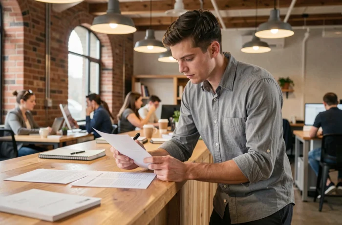 Jeune entrepreneur lisant des statuts juridiques dans un espace de coworking contemporain