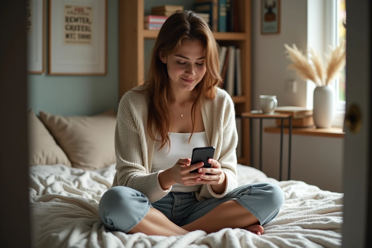 Jeune femme sur son lit consulte des ressources chrétiennes en ligne