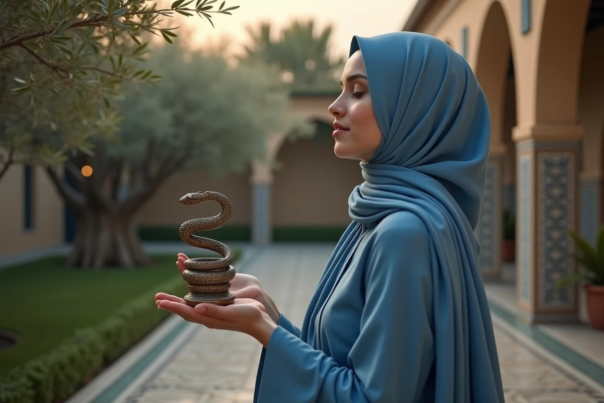 Jeune femme musulmane avec serpent en plein air au lever du soleil