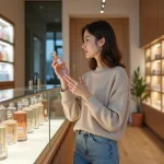 Jeune femme examine un parfum dans un magasin moderne