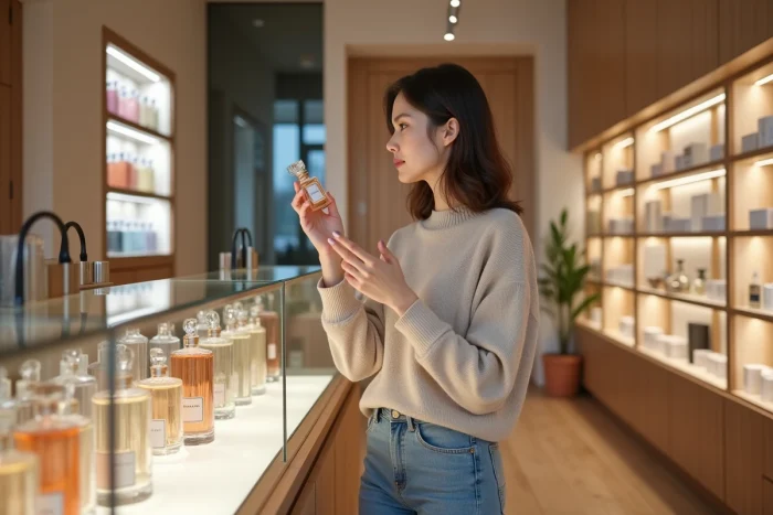 Jeune femme examine un parfum dans un magasin moderne