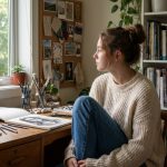 Jeune fille pensante dessinant dans sa chambre cosy