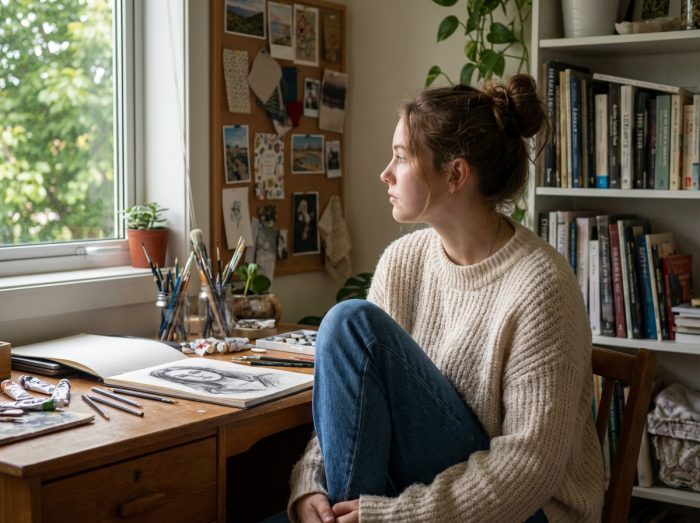 Jeune fille pensante dessinant dans sa chambre cosy