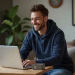 Jeune homme souriant travaillant sur un ordinateur portable dans un bureau cosy