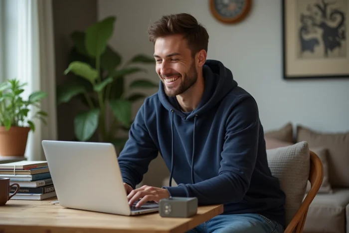 Jeune homme souriant travaillant sur un ordinateur portable dans un bureau cosy