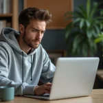 Jeune homme concentré vérifiant erreurs eMule sur son ordinateur