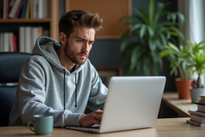 Jeune homme concentré vérifiant erreurs eMule sur son ordinateur