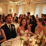 Vue panoramique d'une réception de mariage animée avec des invités de tous âges jouant et interagissant joyeusement autour de tables décorées