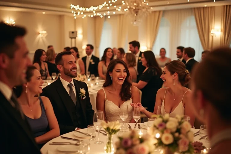 Vue panoramique d'une réception de mariage animée avec des invités de tous âges jouant et interagissant joyeusement autour de tables décorées