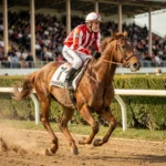 Jockey en jersey rouge sur un cheval de course au galop lors d'une course PMU sur hippodrome