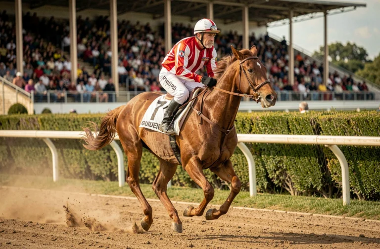 Jockey en jersey rouge sur un cheval de course au galop lors d'une course PMU sur hippodrome