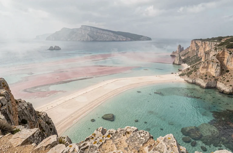Vue panoramique de la lagune de Balos en Crète avec ses eaux turquoise et ses bancs de sable ivoire enveloppés de brume mystérieuse