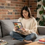 Jeune femme lisant un manga sur tablette confortablement installée dans son salon moderne, illustrant la lecture numérique de mangas en ligne