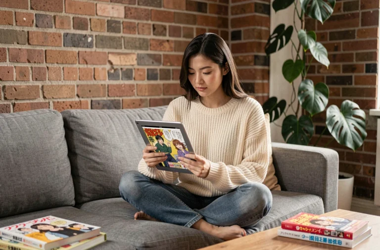 Jeune femme lisant un manga sur tablette confortablement installée dans son salon moderne, illustrant la lecture numérique de mangas en ligne