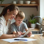 Femme aidant son enfant avec ses devoirs dans une cuisine lumineuse