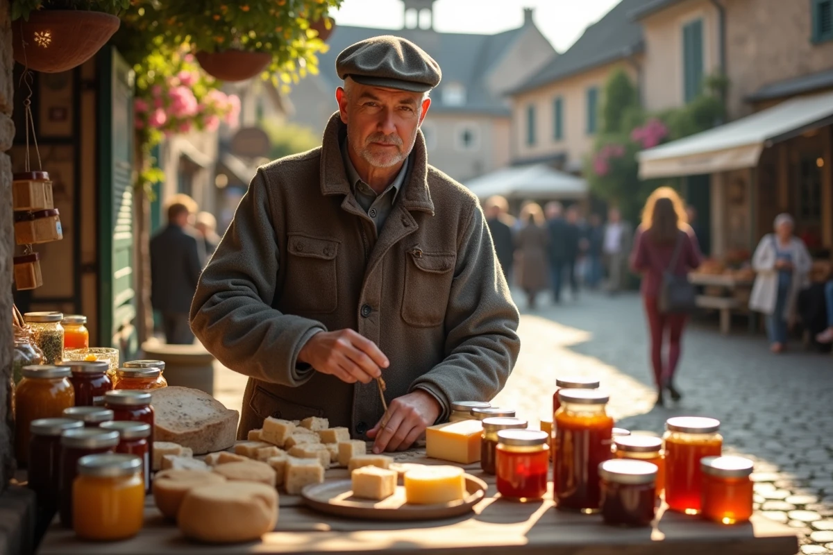 Homme en veste et casquette exposant des confitures au marché