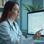Médecin femme en blouse blanche utilisant un logiciel médical