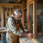 Menuisier installant un verre dormant dans un cadre en bois dans un atelier artisanal