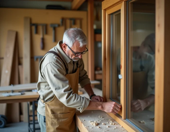 Menuisier installant un verre dormant dans un cadre en bois dans un atelier artisanal