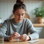 Mère lisant attentivement la notice d'un médicament pour enfant à la table de cuisine, avec du Doliprane et du Camilia posés devant elle
