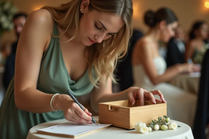 Invitée d'un mariage écrivant un message et le déposant dans une urne à conseils décorée avec des catégories lors d'une réception