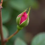 Gros plan sur un œil de rosier, bourgeon dormant rouge-rose sur une tige ligneuse brune dans un jardin