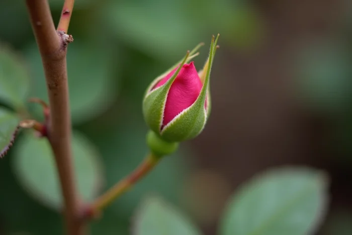 Gros plan sur un œil de rosier, bourgeon dormant rouge-rose sur une tige ligneuse brune dans un jardin