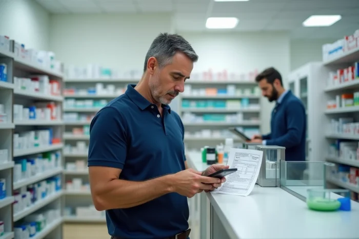 Homme comparant une ordonnance papier avec une application de pharmacie en ligne sur smartphone
