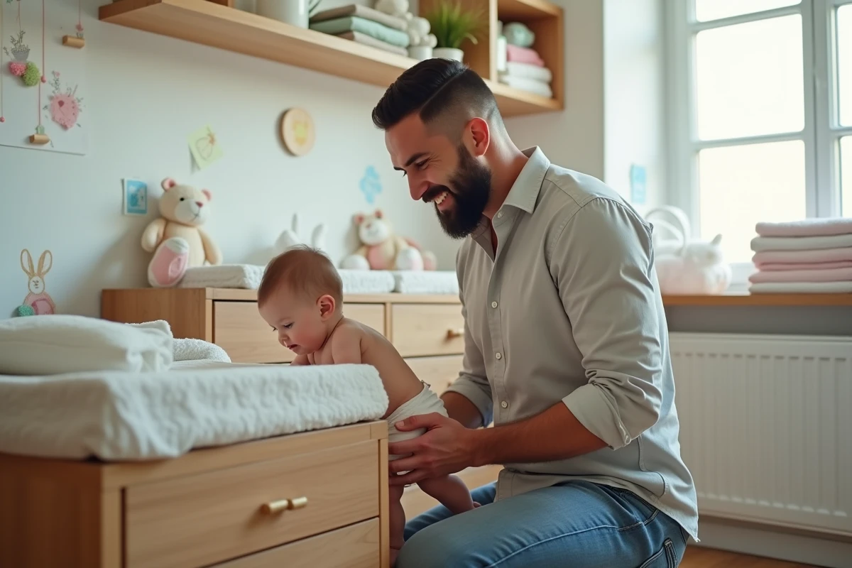 Papa changeant bébé dans une chambre chaleureuse