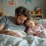 Père et fille endormis dans un lit douillet