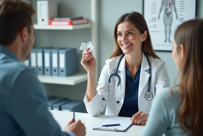 Pédiatre expliquant à un parent l'association du Camilia et du Doliprane en tenant les deux boîtes de médicaments dans son cabinet médical