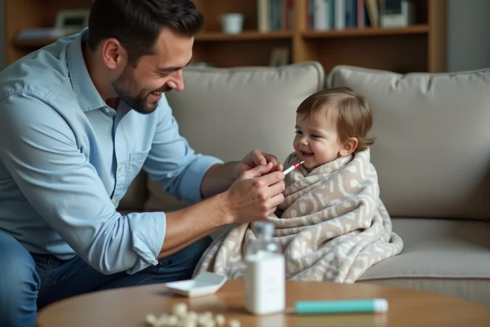 Père administrant un médicament liquide à son jeune enfant sur le canapé du salon, avec thermomètre et médicaments posés sur la table basse