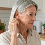 Femme mature aux cheveux gris touchant son piercing cartilage en titane dans une cuisine scandinave lumineuse