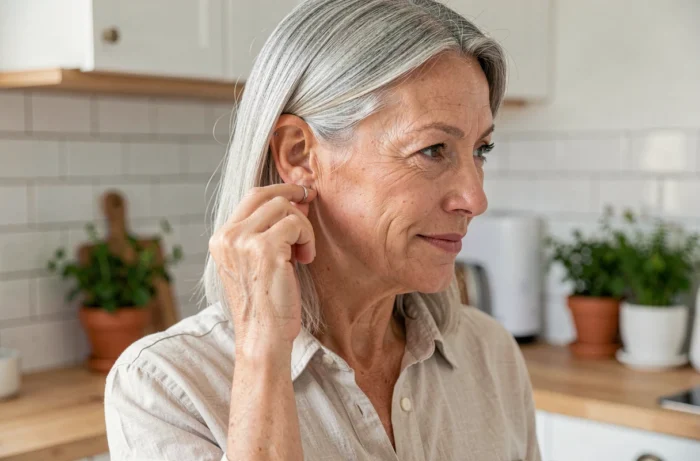 Femme mature aux cheveux gris touchant son piercing cartilage en titane dans une cuisine scandinave lumineuse